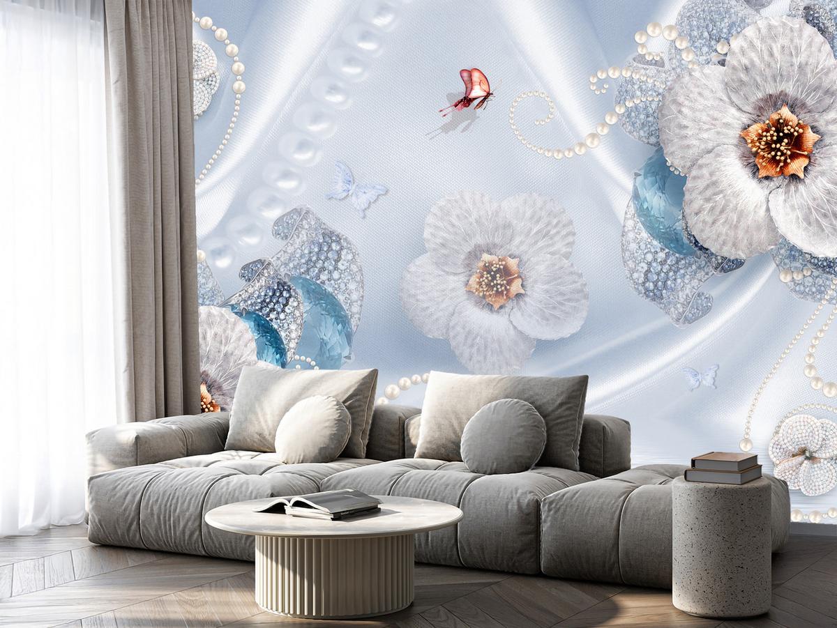 FOTOTAPETE für Schlafzimmer Blumen Perlen Schmetterlinge Blau 150x105 - Blau/Gelb, Papier (150/105cm) - Muralo
