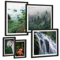 BILDER SET 5er Set - 50x50 cm & 20x30 cm & 40x60 cm Schwarzer Rahmen - Tiger Wasserfall Flamingos Natur - Schwarz, Kunststoff (40/60cm) - TULUP