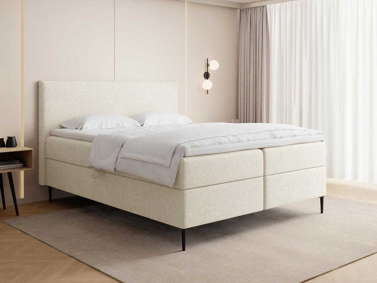 BOXBETT Alba Rise mit Bettkasten, Creme Chenille 180x200 cm – inkl. H4 Taschenfederkern Matratze & Foam Topper - Creme/Schwarz, Holz/Textil (180/200cm) - WFL GROUP