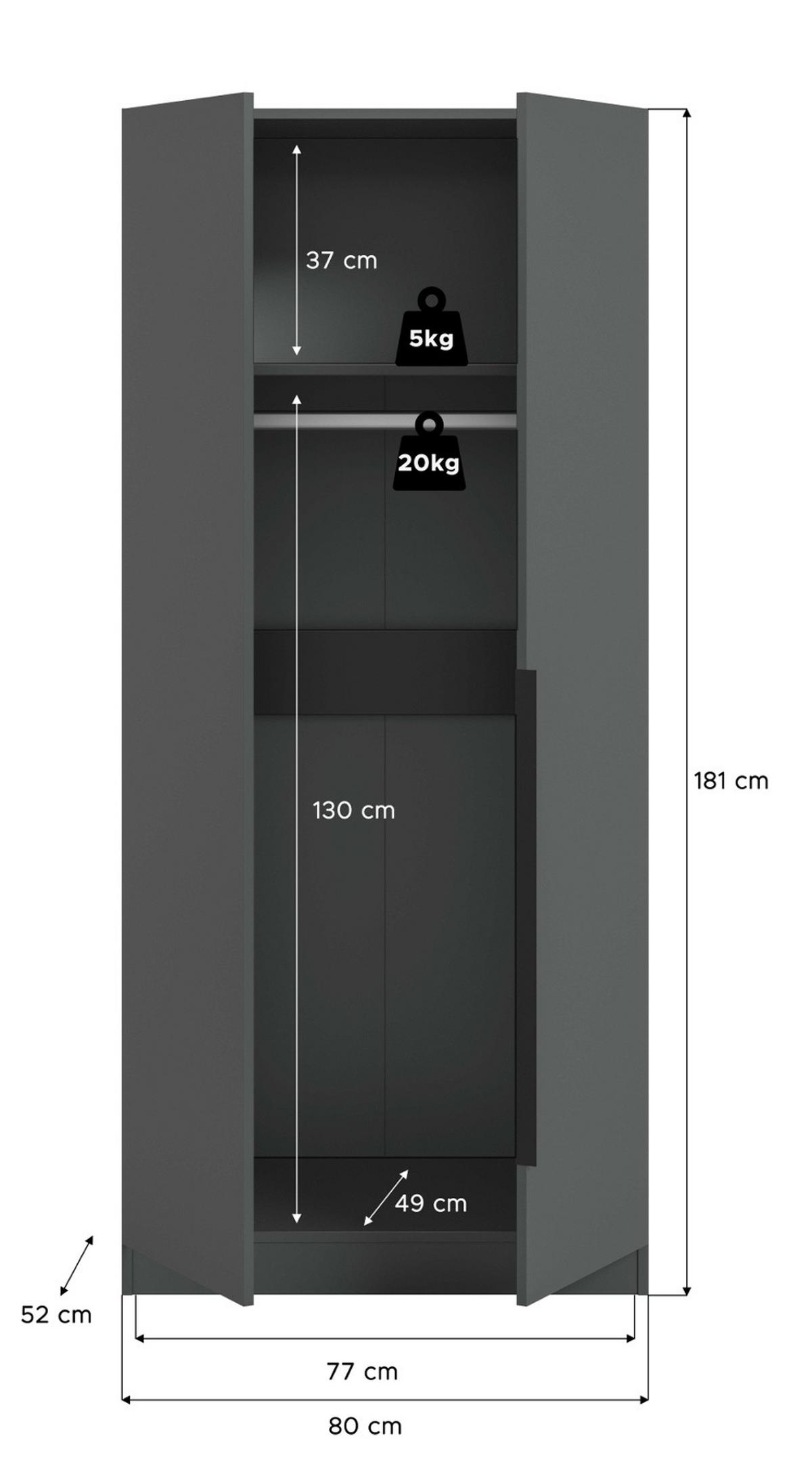 KLEIDERSCHRANK grau 2-türig 80 x 181 cm, Drehtürenschrank mit Kleiderstange - Schwarz/Grau, Holzwerkstoff/Kunststoff (80/181/52cm) - Inn.Furn