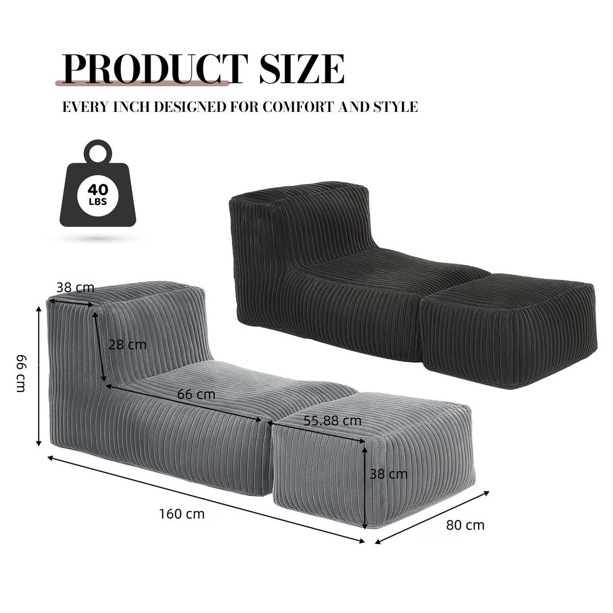 SESSEL MIT HOCKER aus Kordsamt modular und ergonomisch gepolstert - Dunkelgrau, Textil (160/66/80cm) - Urban Meuble
