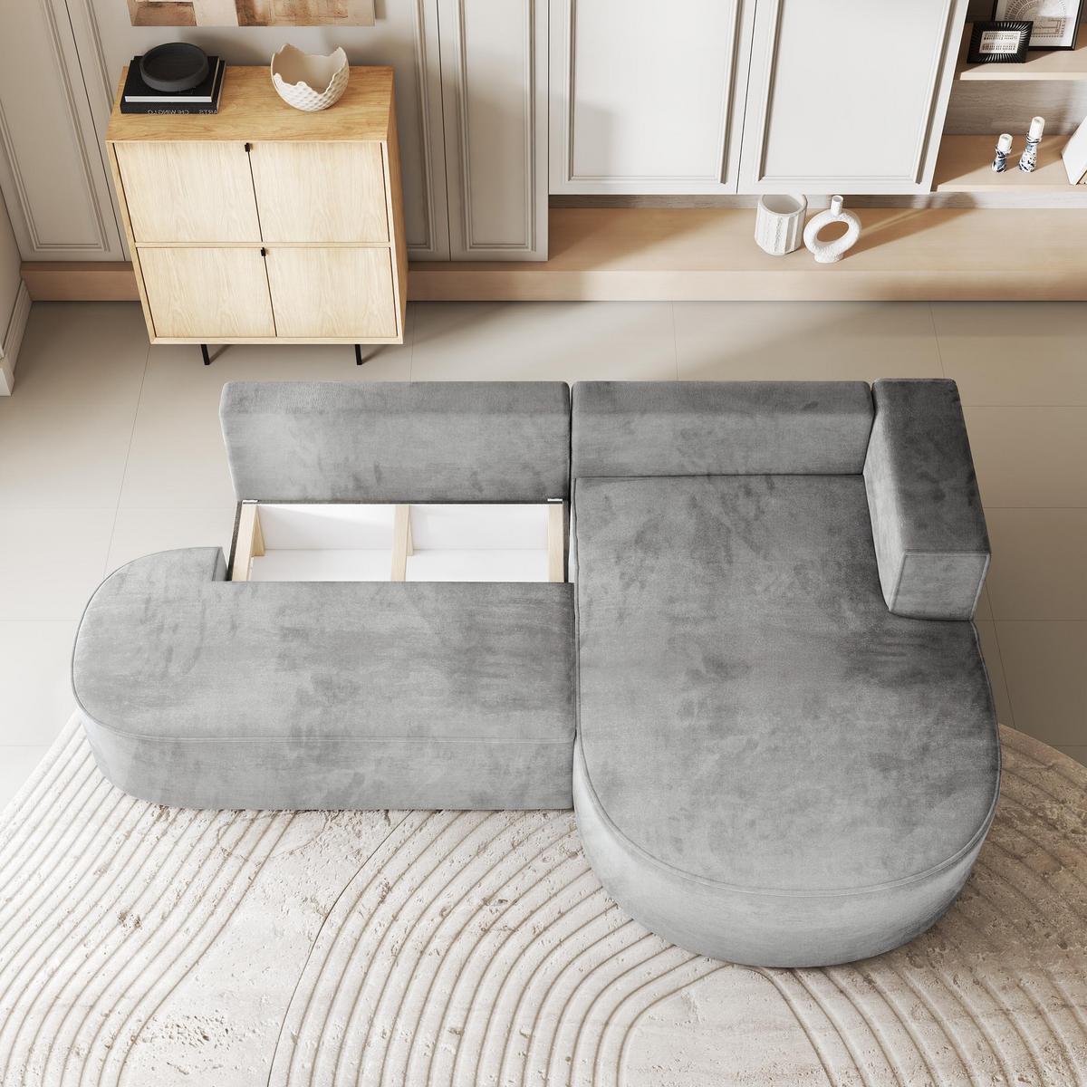 ECKSOFA CORTIO M R-S Hellgrau Velours-Stoff mit Schlaffunktion - Hellgrau/Grau, Holz/Kunststoff (265/174cm) - MASSENO