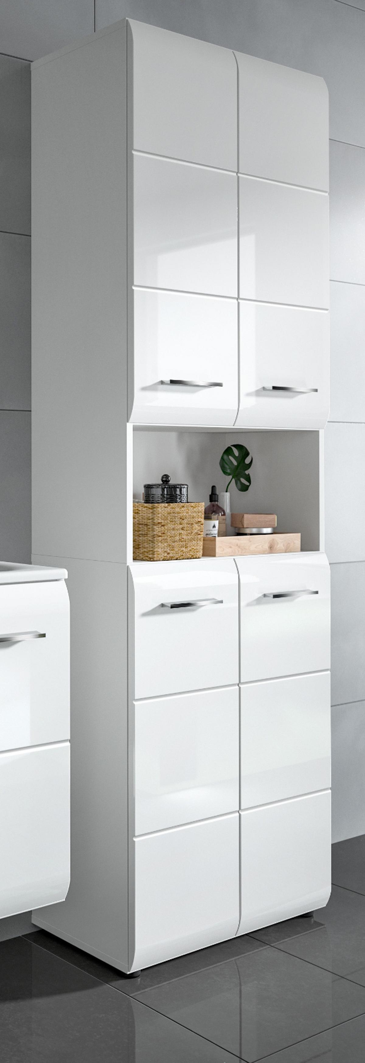 HOCHSCHRANK weiß Hochglanz, 4-türiger Badschrank 60 x 185 cm mit viel Stauraum - Weiß Hochglanz/Silberfarben, Holzwerkstoff/Kunststoff (60/185/30cm) - Inn.Furn
