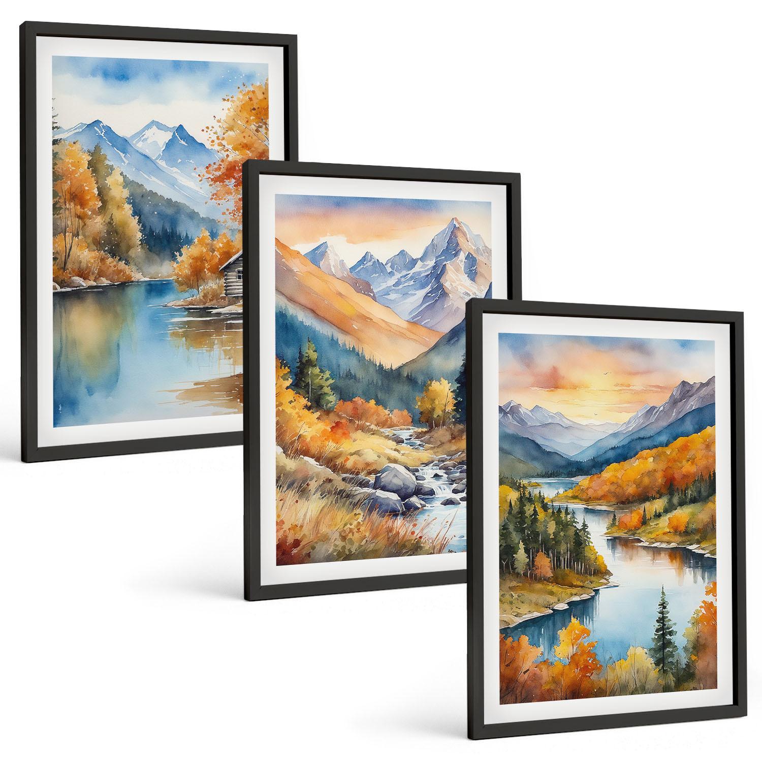 BILDER SET 3er Set - 40x60 cm Schwarzer Rahmen - Berglandschaft, Fluss, Herbst - Schwarz, Kunststoff (40/60cm) - TULUP