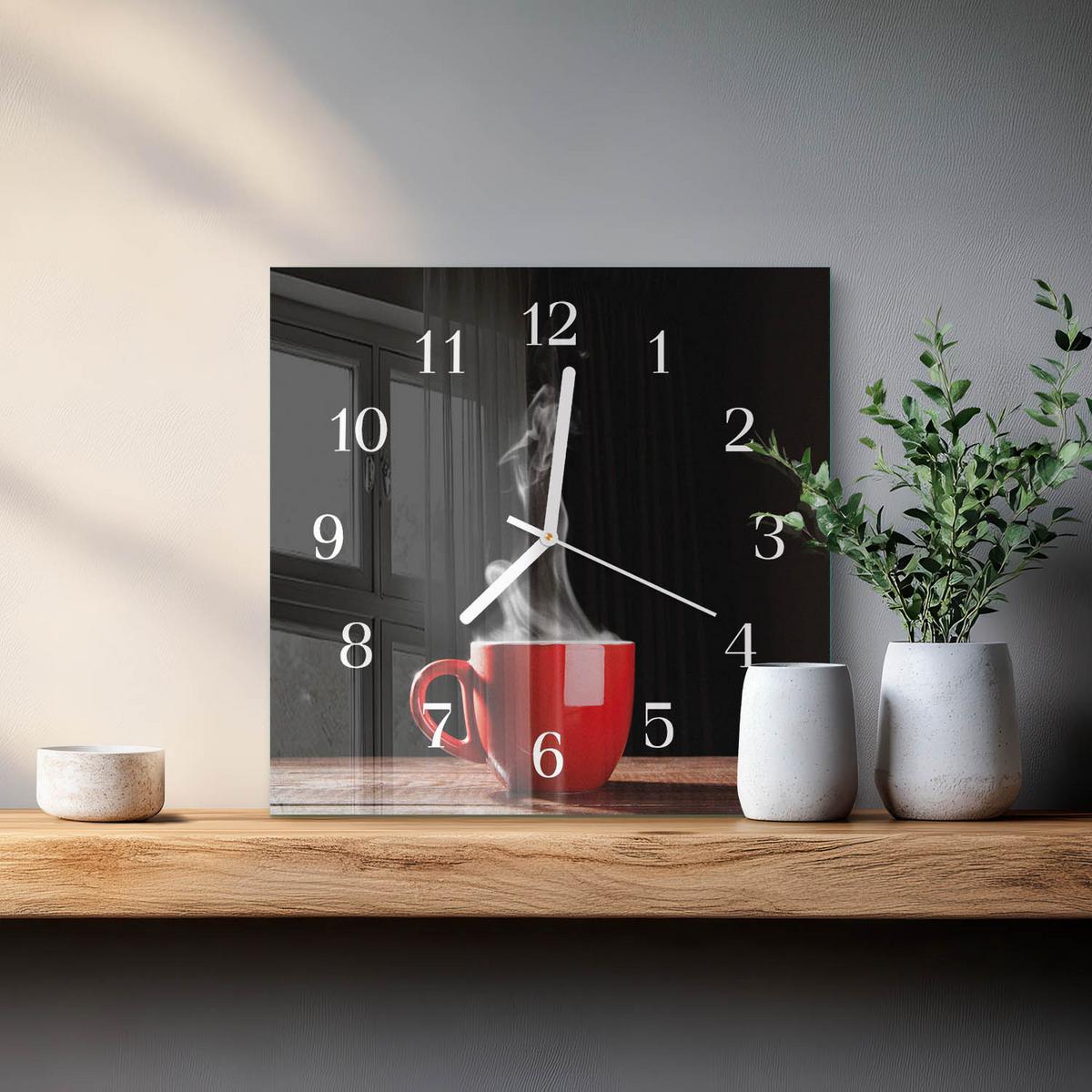 WANDUHR aus Glas 30x30 cm - Tasse Kaffee - Rot, Glas (30/30/0.4cm) - TULUP