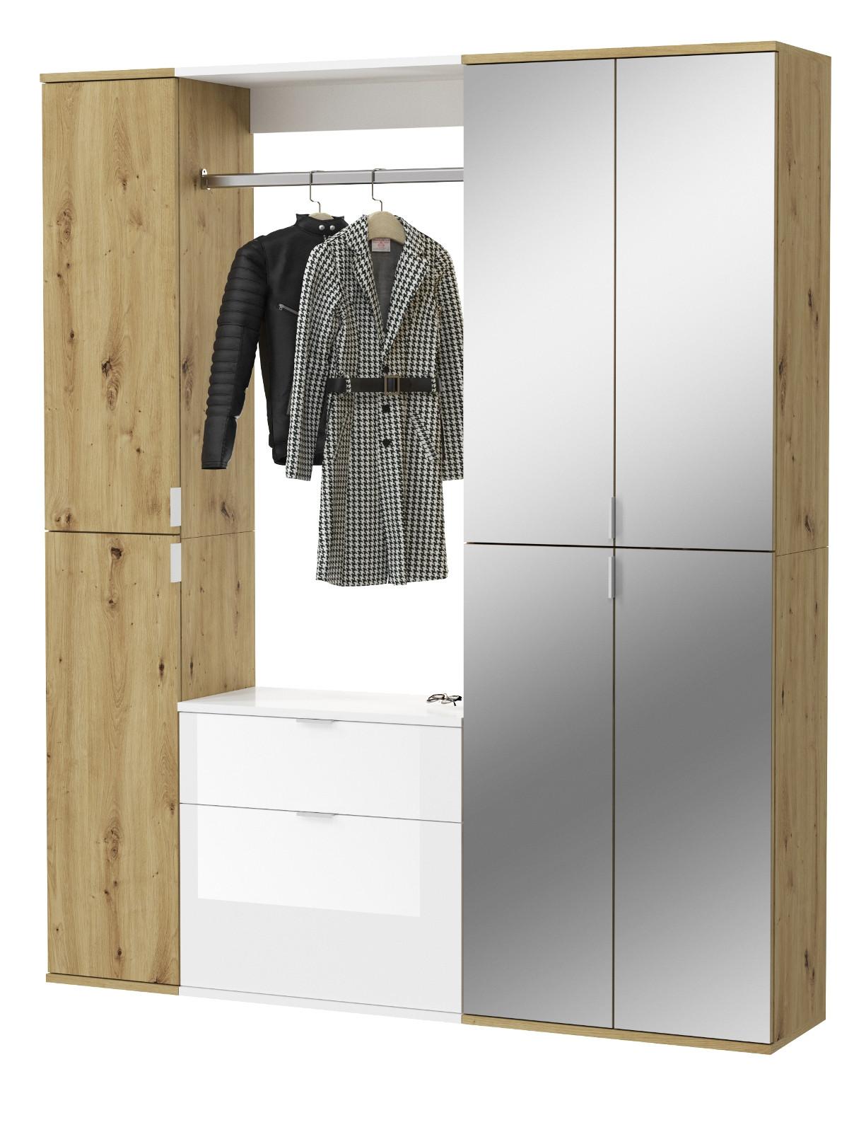 GARDEROBEN-SET Eiche, weiß Hochglanz 152 cm, Komplettset mit viel Stauraum - Chromfarben/Weiß Hochglanz, Glas/Holzwerkstoff (152/193/34cm) - Inn.Furn