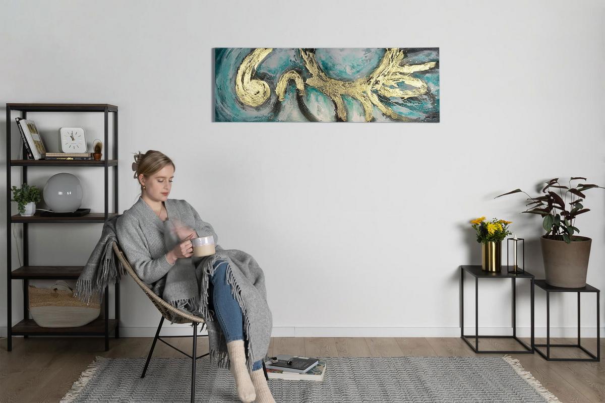 ÖLGEMÄLDE 150/50 cm - Türkis/Weiß, Holz/Textil (150/50cm) - KUNSTLOFT