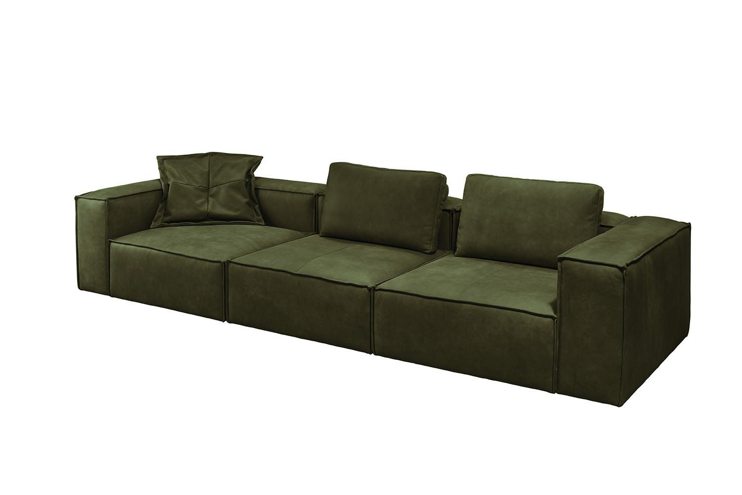 SOFA CARMO Grün Leder - Schwarz/Olivgrün, Leder/Kunststoff (366/68/118cm) - KAWOLA