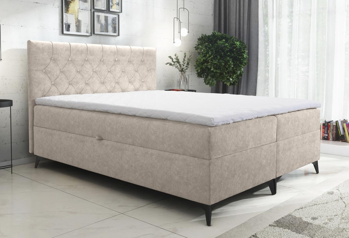 BOXBETT Palmeria 160/200 cm in Beige – mit Bettkasten und Topper - Beige/Schwarz, Holz/Holzwerkstoff (160/200cm) - AX Living