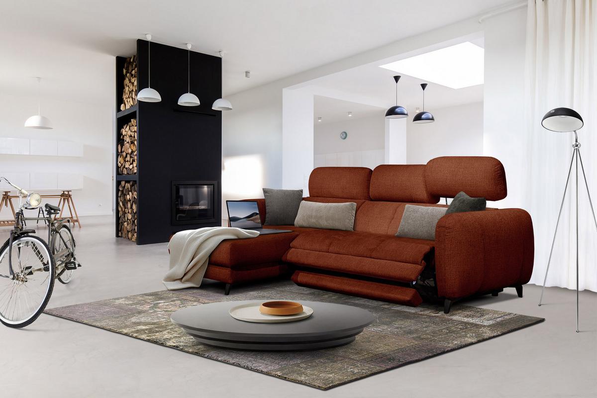 ECKSOFA SVEN 3-Sitzer, 1 Relax XL, verstellbare Kopfstützen, rot - Rot/Schwarz, Holzwerkstoff/Textil (256/163cm) - Wozimo