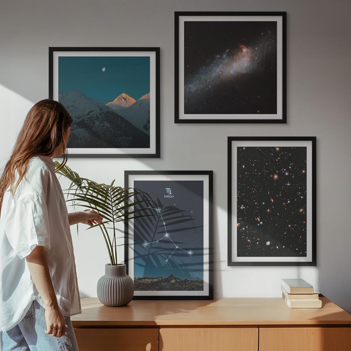 BILDER SET 4er Set - 50x50 cm & 40x60 cm Schwarzer Rahmen - Jungfrau-Galaxie-Universum - Schwarz, Kunststoff (50/50cm) - TULUP