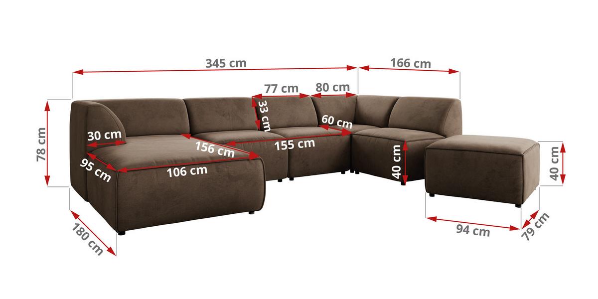 WOHNLANDSCHAFT MODARO U 6M - Braun Velvet - Links - Schwarz/Braun, Textil (180/78/345cm) - MKS