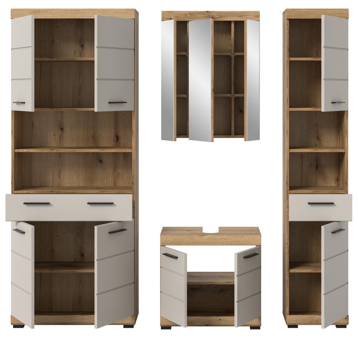 BADMÖBEL-SET 4-teilig Sand Kashmir, Evoke Eiche, Badkombination 200 x 191 cm - Kaschmir/Eichefarben, Glas/Holzwerkstoff (201/191/34cm) - Inn.Furn
