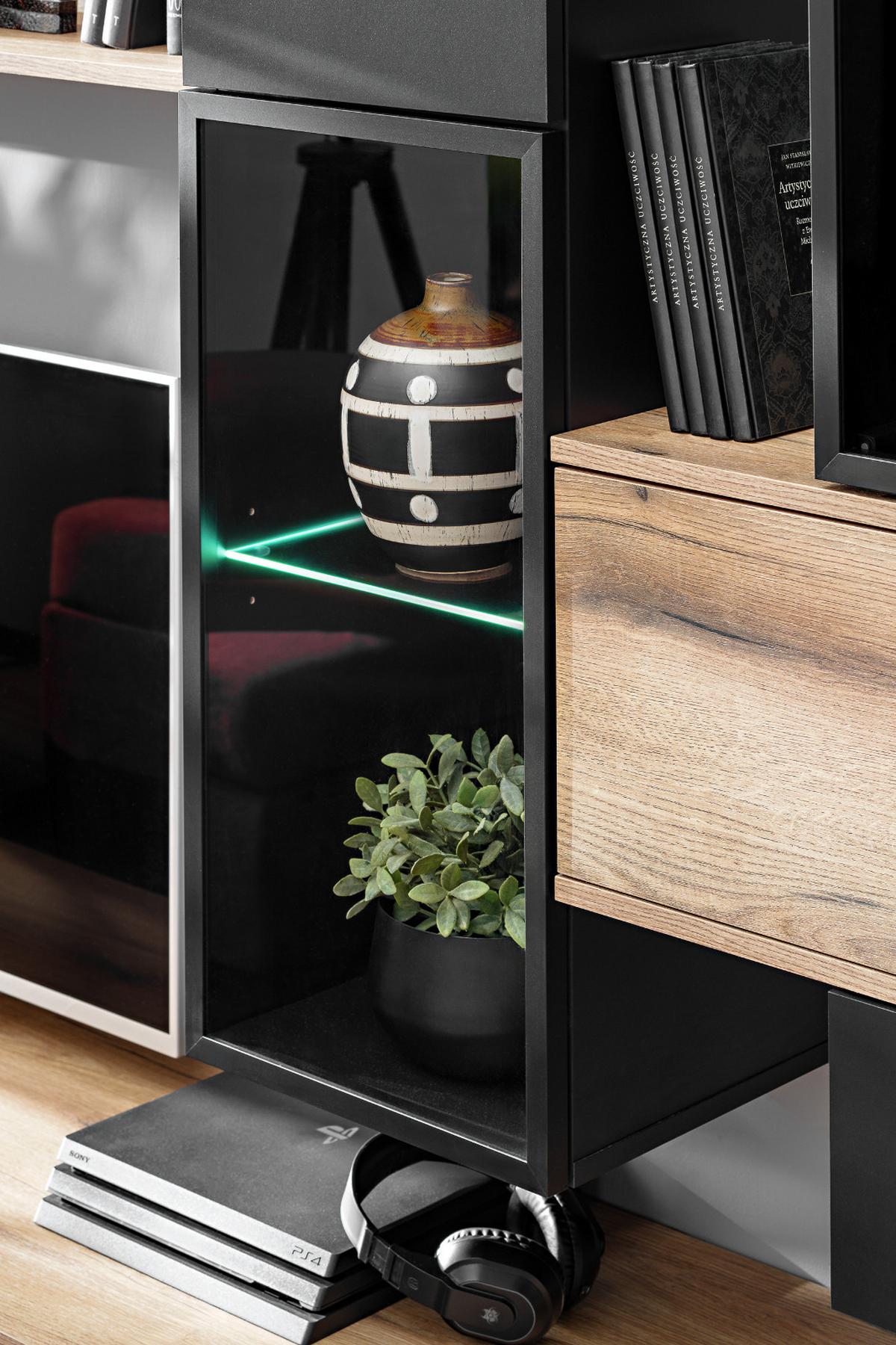 WOHNWAND Eiche, schwarz 280 cm, Schrankwand mit Push-to-Open inklusive Beleuchtung - Eichefarben/Schwarz, Glas/Holzwerkstoff (280/180/45cm) - Furn.Design
