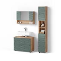BADMÖBEL-SET Ronco Grün/Goldkraft Eiche 3 Teile, mit Spiegelschrank 80 cm - Honigeiche/Grün, Holzwerkstoff (80/58/41cm) - Livinity®
