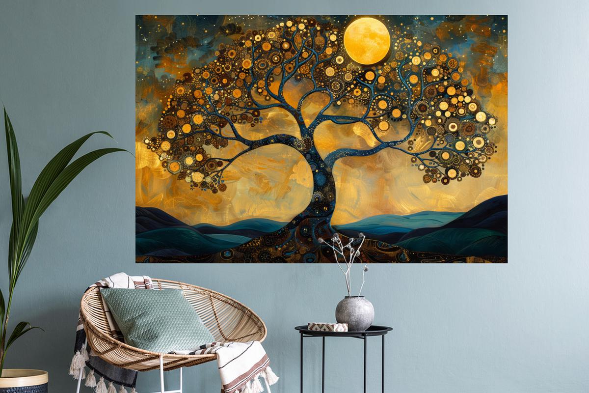 WANDTATTOO Baum - Mond - Blumen - Gold - Kunst Wandsticker 120x80 cm - Orange, Kunststoff (120/80/0.1cm) - MuchoWow