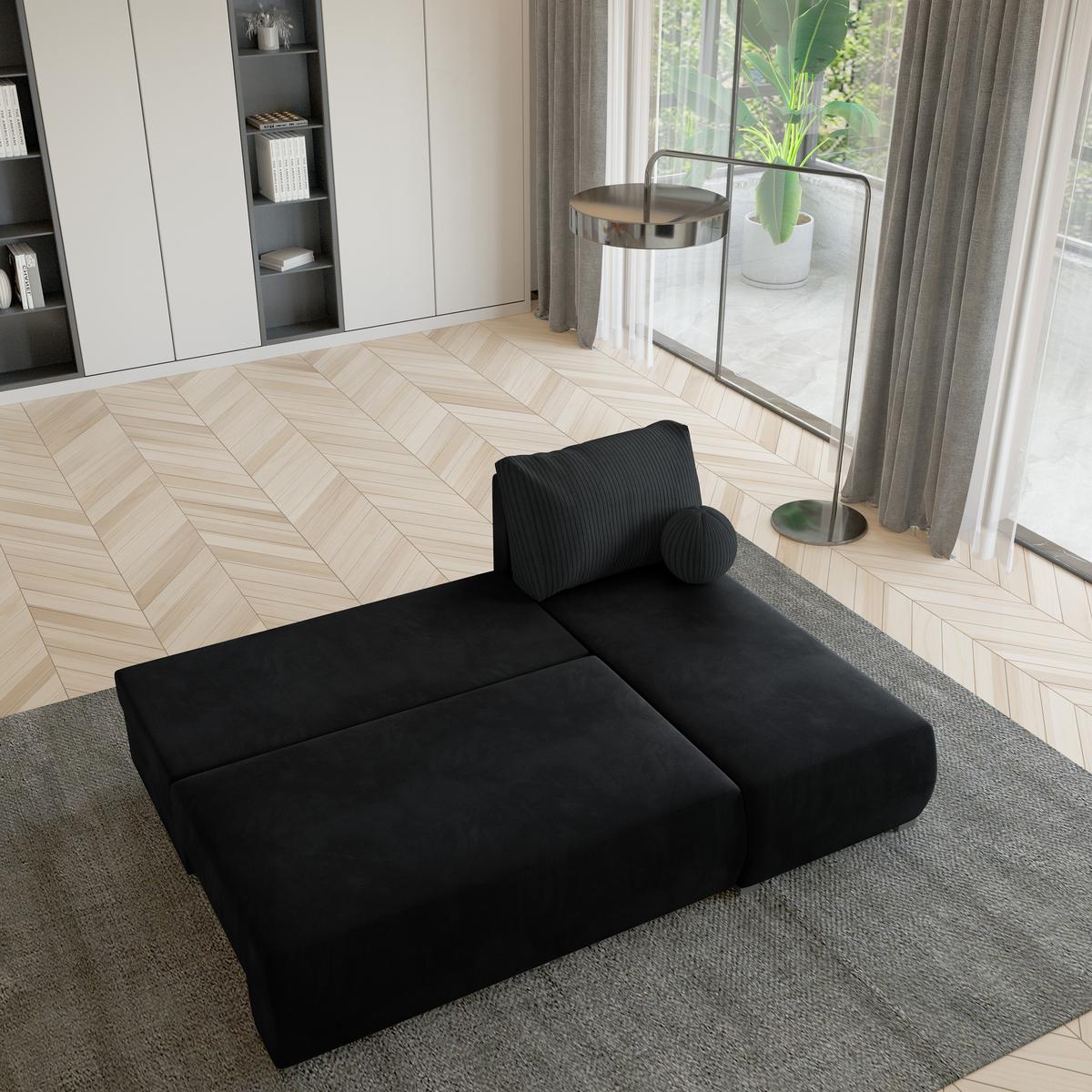 ECKSOFA PARVELO Schwarz Plüsch-Stoff mit Schlaffunktion - Schwarz, Holz (200/143cm) - MASSENO