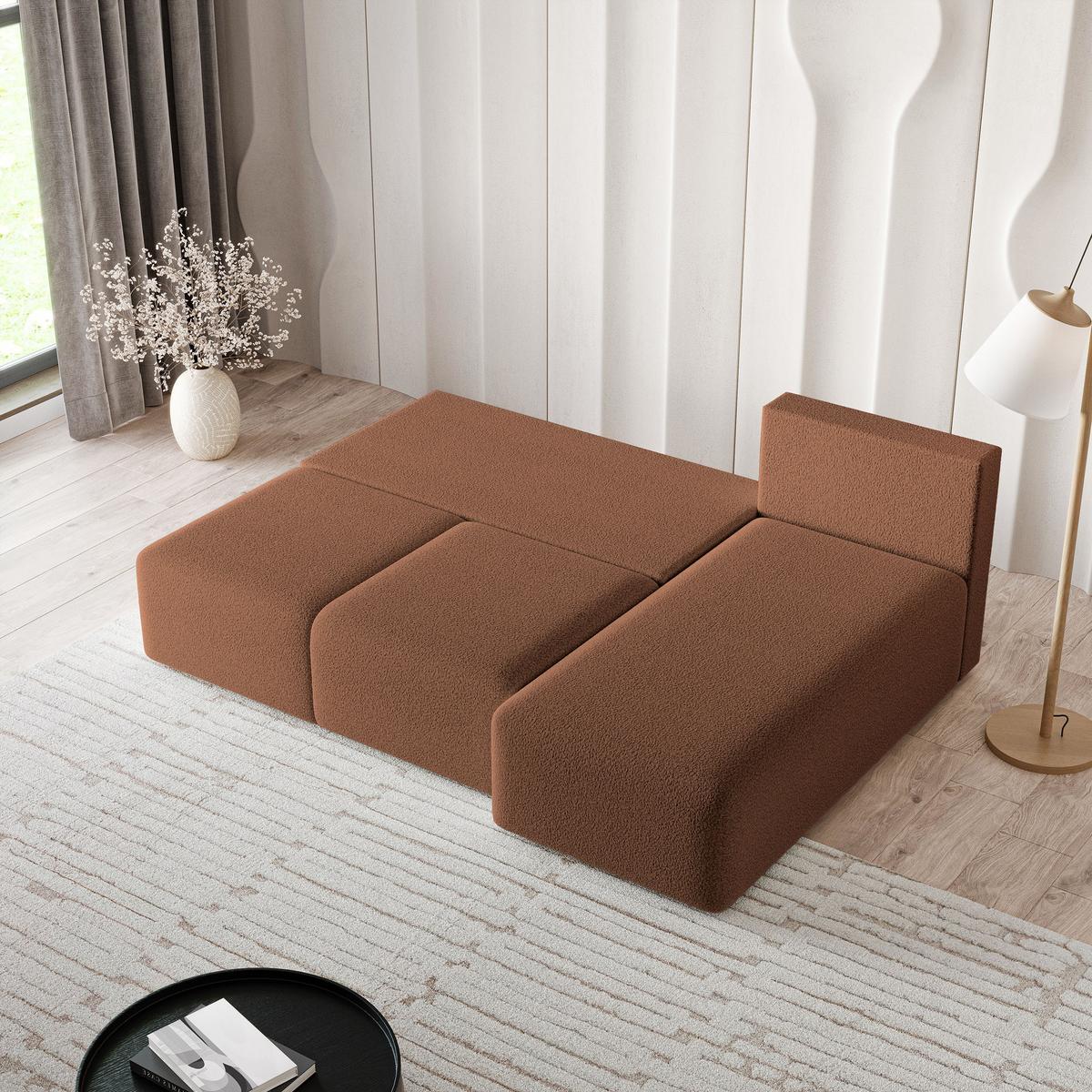 ECKSOFA TRAMA Kupferfarben Boucle-Stoff mit Schlaffunktion - Kupferfarben, Holz (200/143cm) - MASSENO