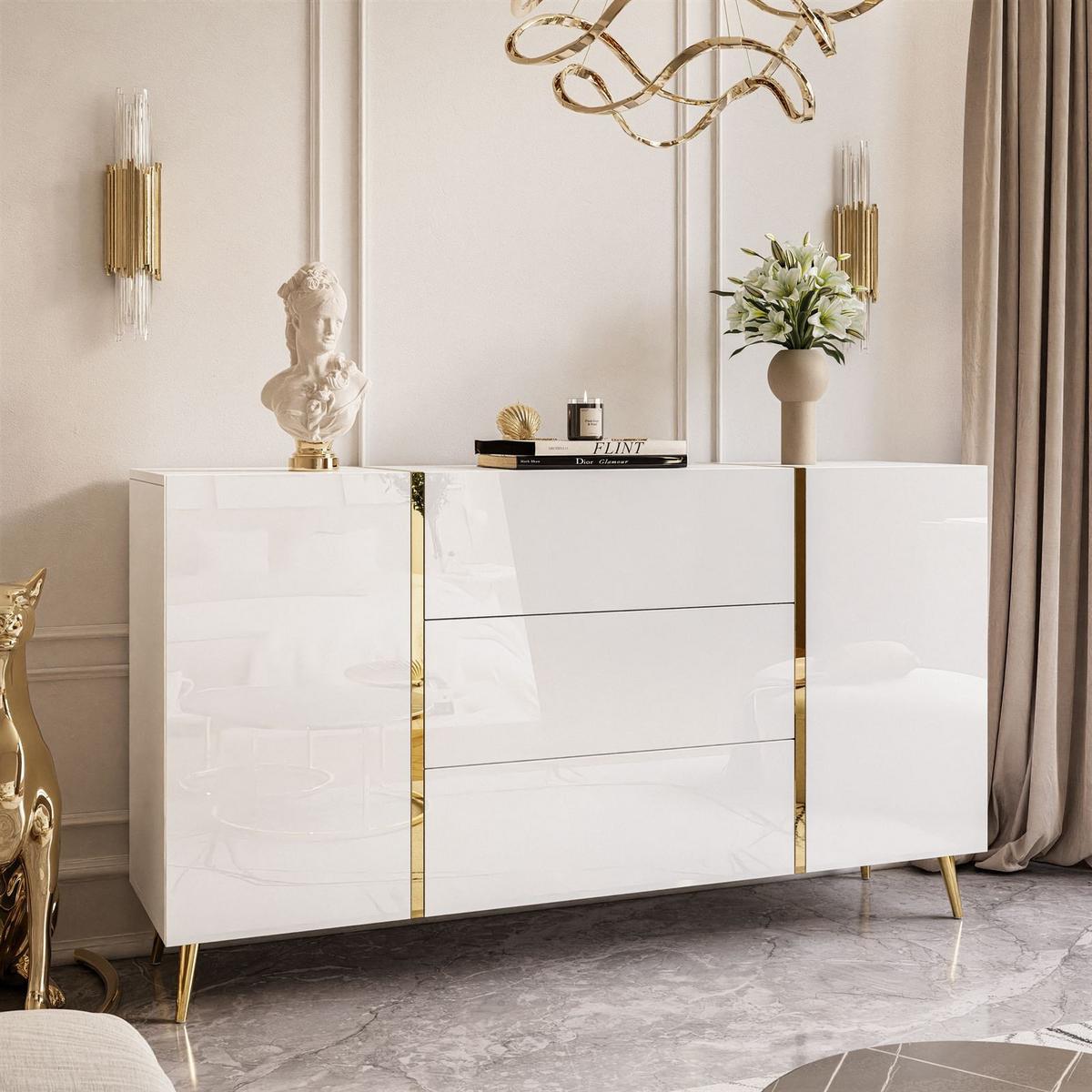 SIDEBOARD MIT SCHUBLADEN ONYX AUF GOLDENEN BEINEN HOCHGLANZ 158 CM PUSH OPEN - Weiß, Holzwerkstoff (158/88/41.3cm) - Lookway