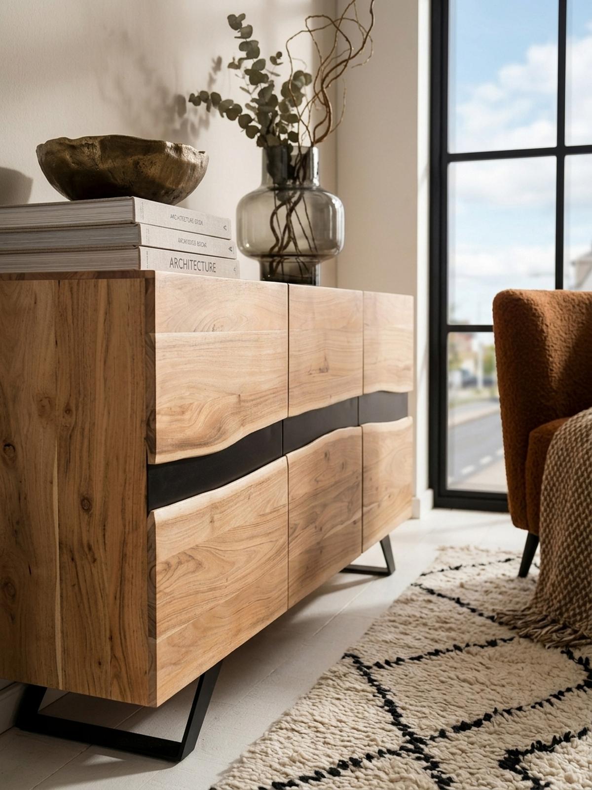 SIDEBOARD – Akazie Massivholz, 148x85x43 cm, Baumkante, Landhausstil, breit - Schwarz/Braun, Akazienholz/Holz (148/85/43cm) - KADIMA DESIGN