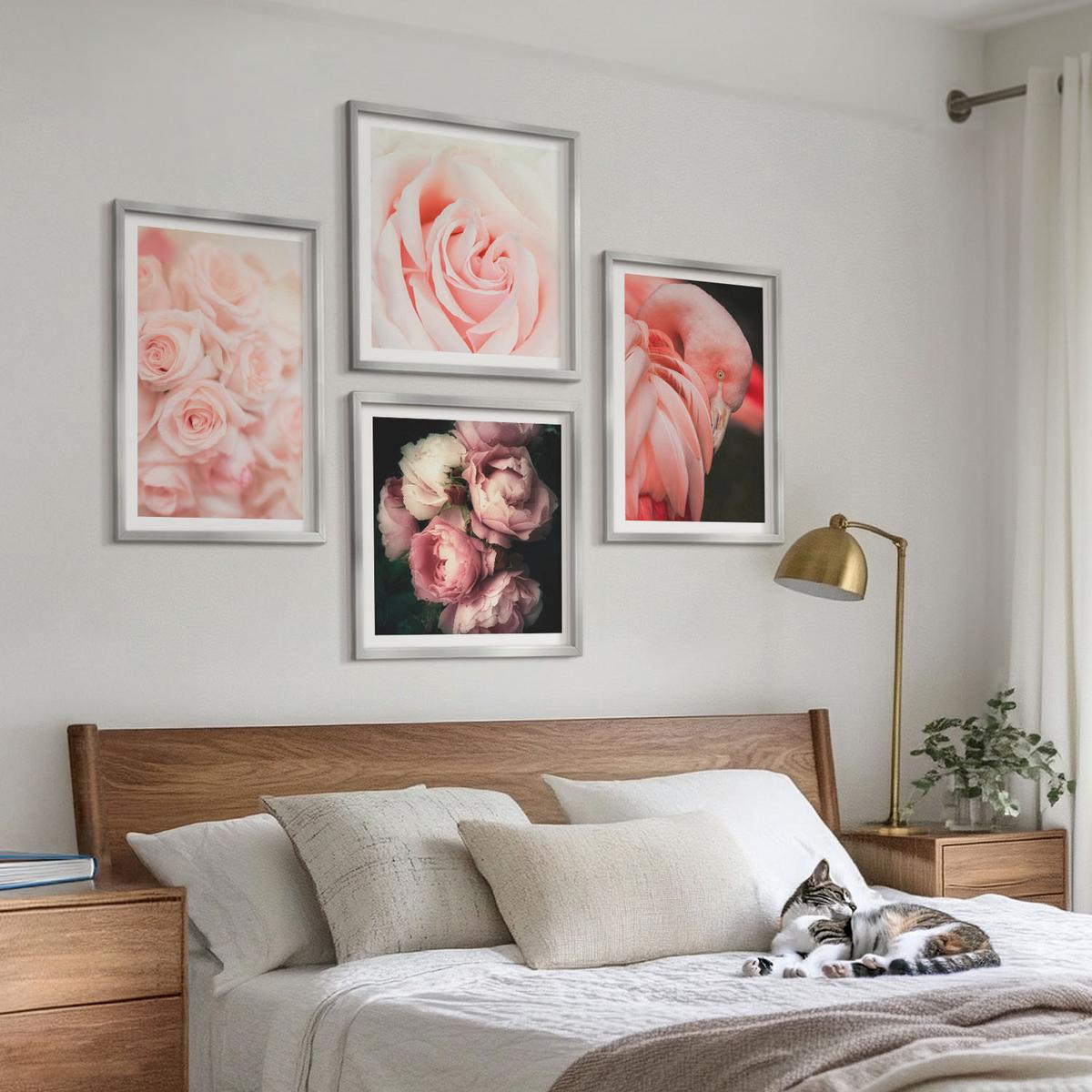 BILDER SET 4er Set - 50x50 cm & 40x60 cm Silberner Rahmen - Pastellrosa Flamingos - Silberfarben, Kunststoff (50/50cm) - TULUP