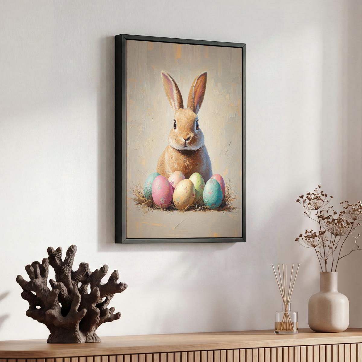 LEINWAND Bilder mit Rahmen - Osterhase - Pastell - Eier - 30x40 - Beige, Textil (30/40cm) - MuchoWow