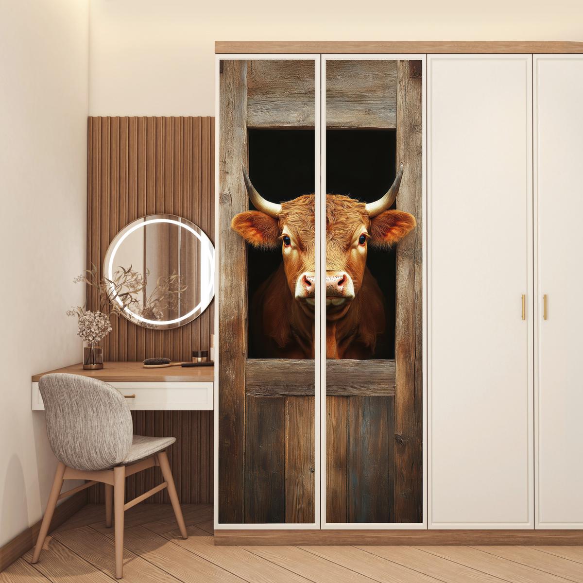 TÜRAUFKLEBER Kuh - Fenster - Holz - Tiere 90x235 cm - Türtapete - Wengefarben, Kunststoff (90/0.1cm) - MuchoWow