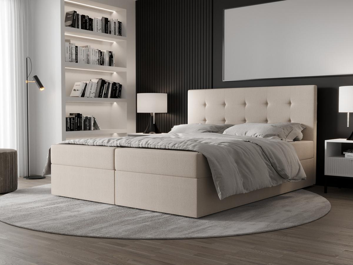 BOXBETT Dahlina 140/200 cm in Creme – mit Bettkasten und Luxus + TOPPER - Creme/Schwarz, Holz/Holzwerkstoff (140/200cm) - AX Living