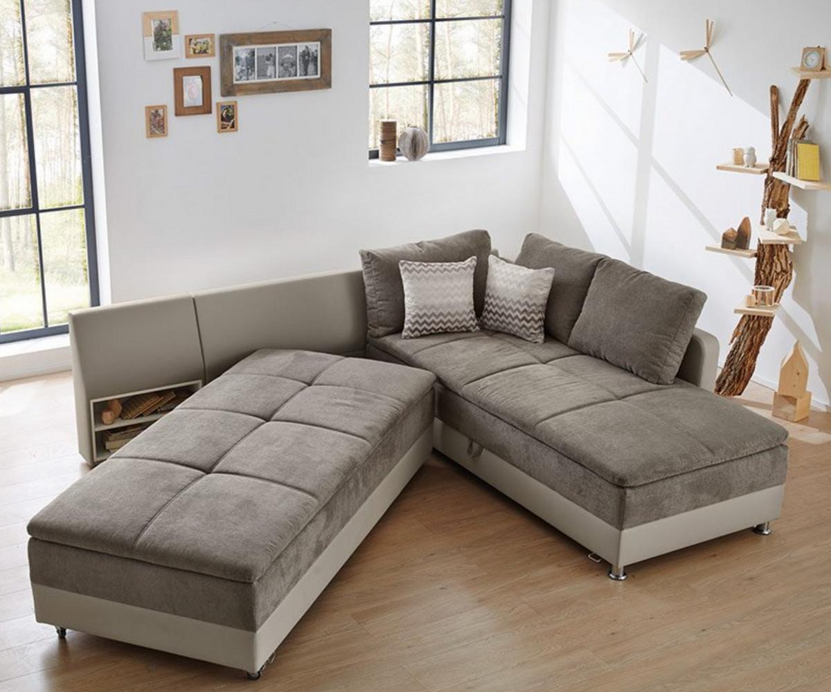 ECKSOFA-DAUERSCHLÄFER Doppelbett Boxspring Federkern Topper, Schwenkteil links B306/T223/H95 cm, Kunstleder Beige+Mikrofaser Graubraun / 15101 - Chromfarben/Graubraun, Kunststoff/Textil (306/223cm) - luma-home