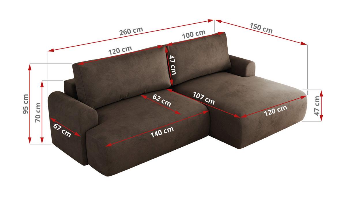 ECKSCHLAFSOFA TONO L Braun Velvet - rechts - Schwarz/Braun, Kunststoff/Textil (150/260cm) - MKS