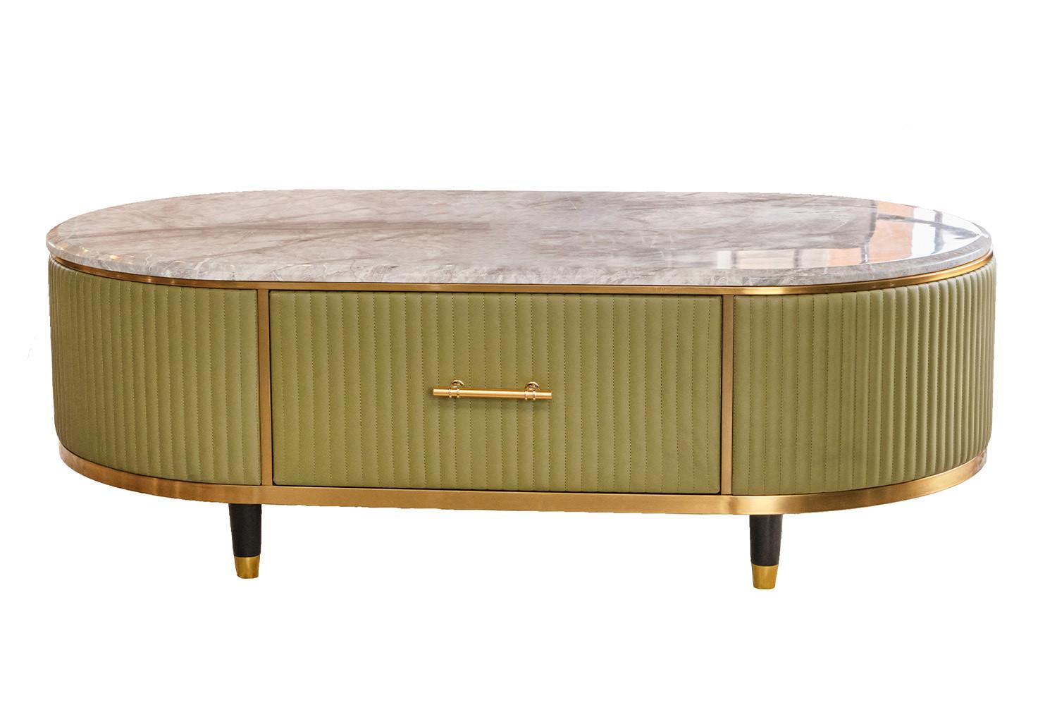 COUCHTISCH MARIA Grün Marmor, Kunstleder - Olivgrün/Braun, Stein/Metall (70/130/45cm) - KAWOLA