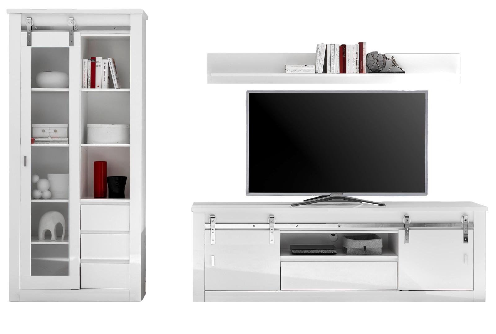WOHNWAND weiß Hochglanz 3-teilig 309 x 201 cm, Wohnkombination mit Soft-Close - Chromfarben/Weiß Hochglanz, Glas/Holzwerkstoff (309/201/43cm) - Furn.Design
