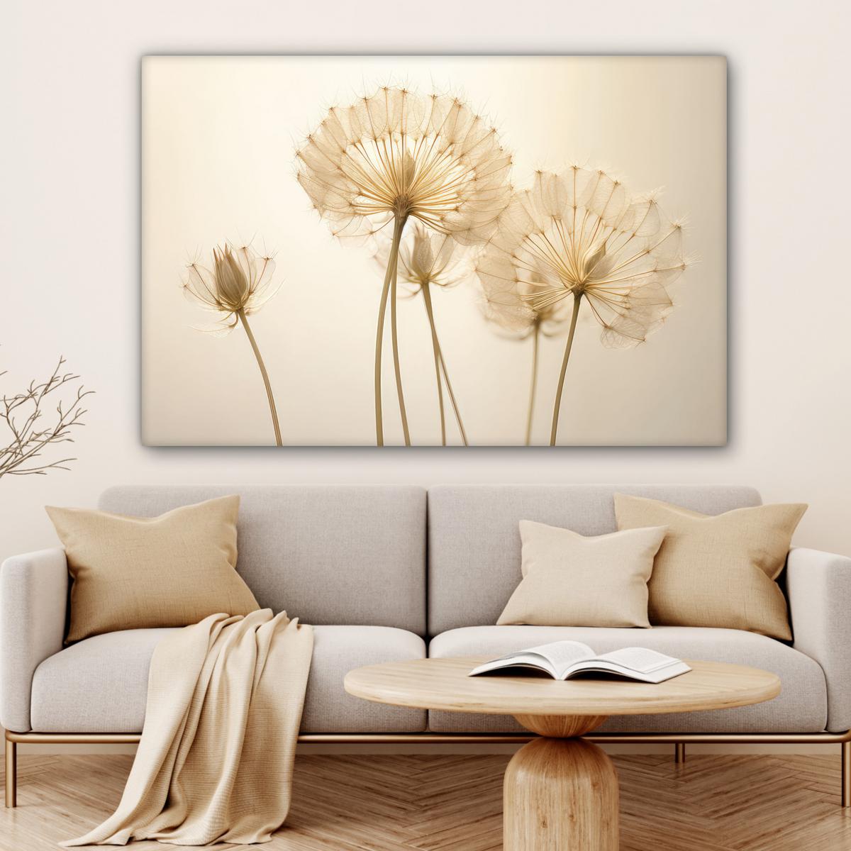 LEINWANDBILD Sonnenlicht - Löwenzahn - Botanisch - Blumen Groß 140x90 cm - Creme, Textil (140/90cm) - MuchoWow