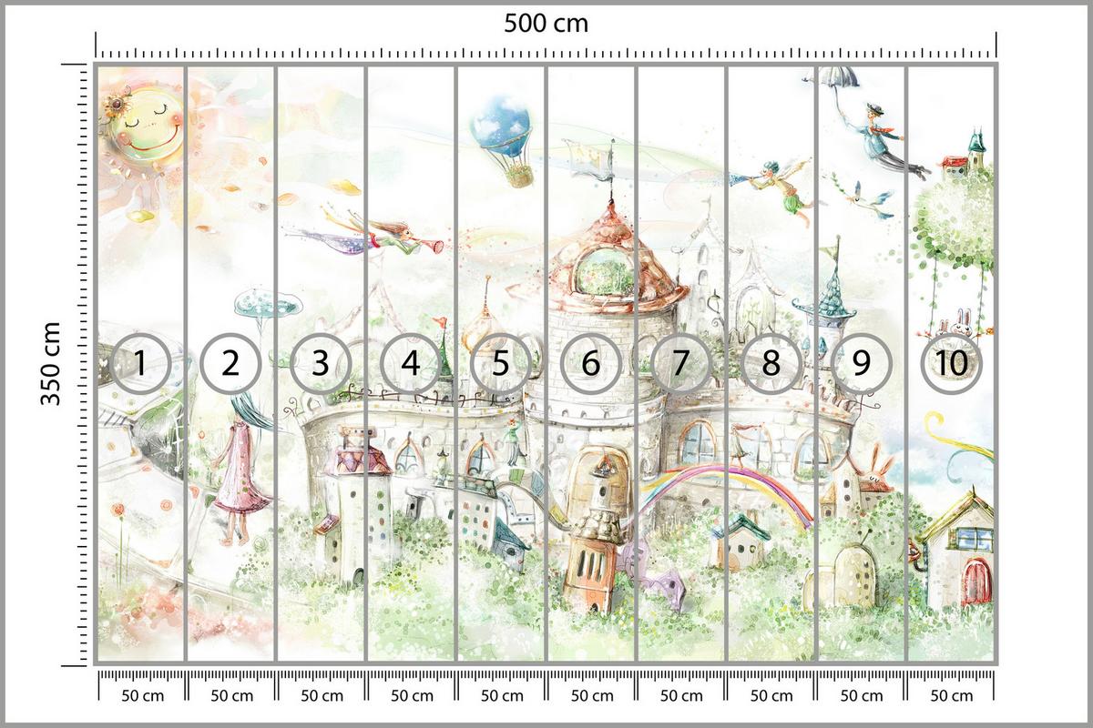 FOTOTAPETE für Kinderzimmer Märchenstadt Schloss Magisch 500x350 - Blau/Gelb, Papier (500/350cm) - Muralo
