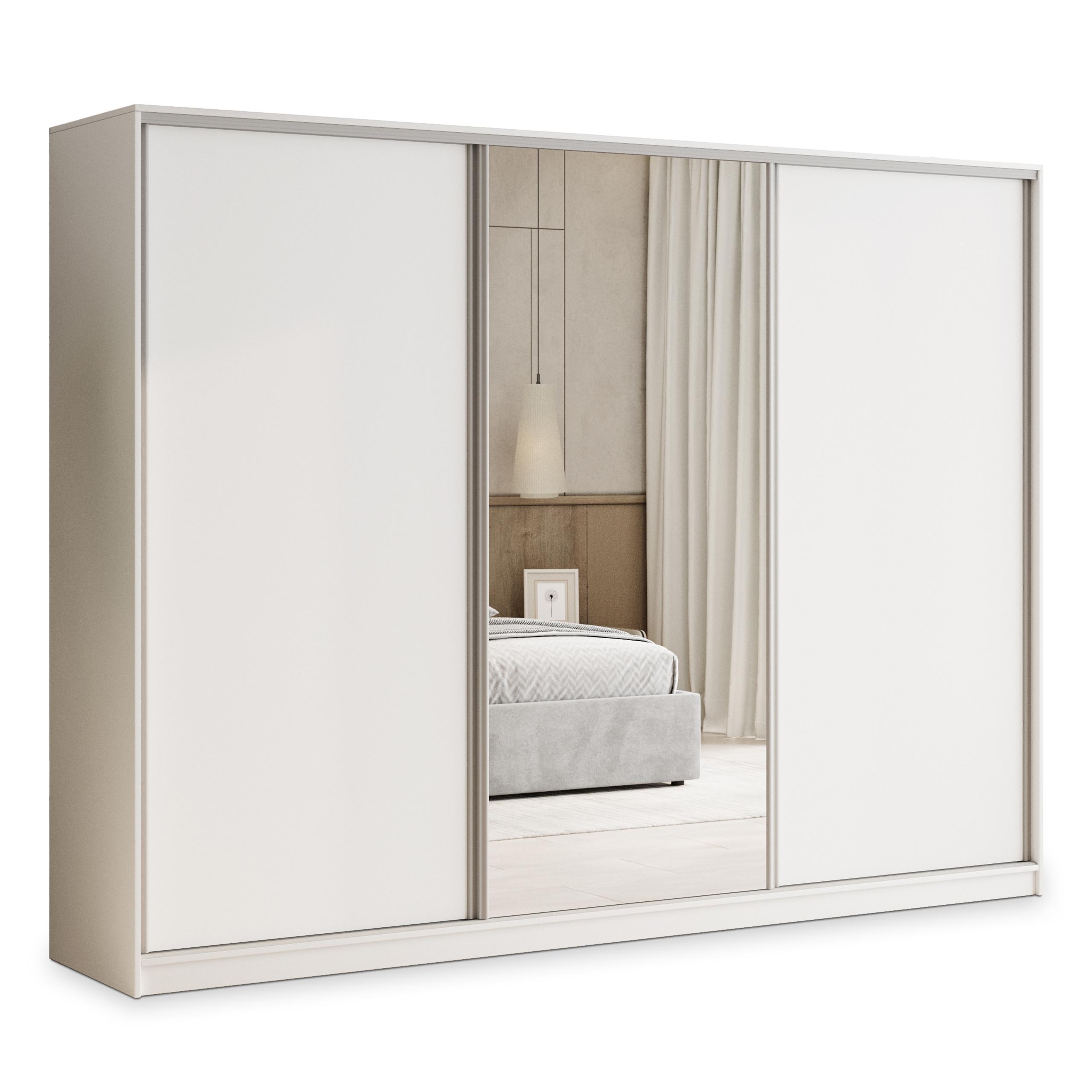 SCHWEBETÜRENSCHRANK TARI 235/205/58 cm 3-türig mit Spiegel und Schubladen Weiß - Silberfarben/Weiß, Holzwerkstoff (235/205/58cm) - MASSENO