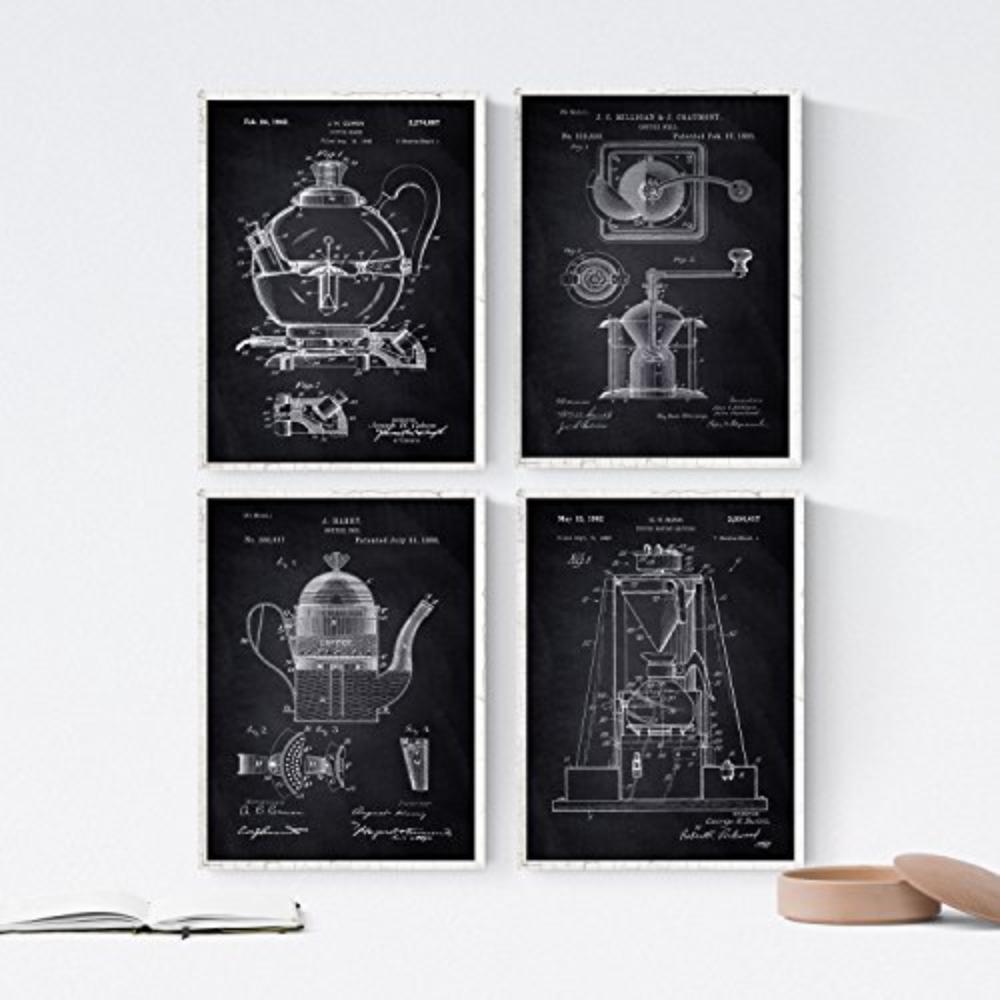 POSTER Set mit 4 Schwarz cafeteras Patenten A4 Schwarzer Rahmen - Schwarz, Papier (29.7/3cm) - Nacnic