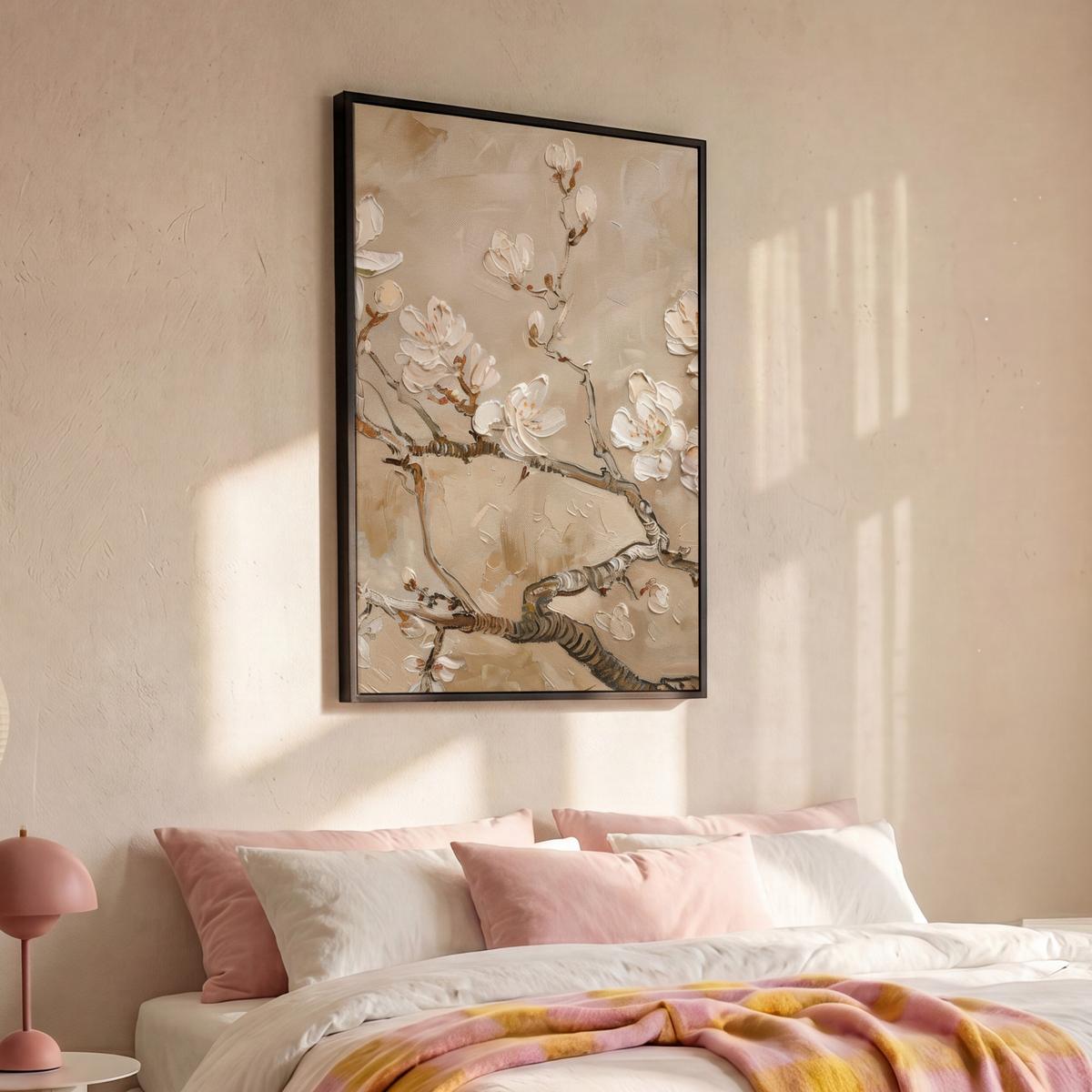 LEINWAND Bilder mit Rahmen - Blumen - Modern - Beige - Weiß - Blüte - 80x120 - Beige, Textil (80/120cm) - MuchoWow