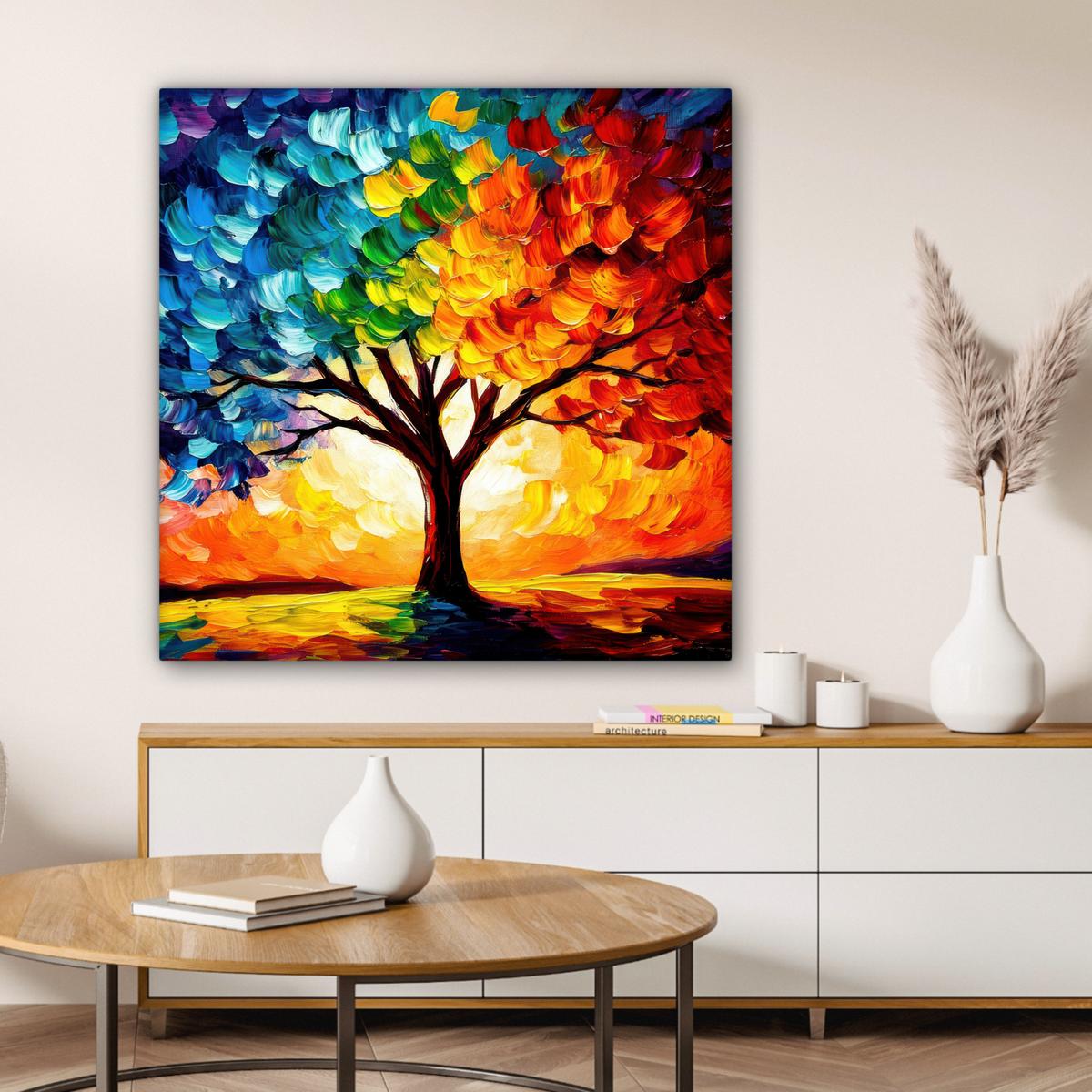 LEINWANDBILD Baum - Kunst - Natur - Sonnenuntergang Deko Groß 90x90 cm - Multicolor, Textil (90/90cm) - MuchoWow