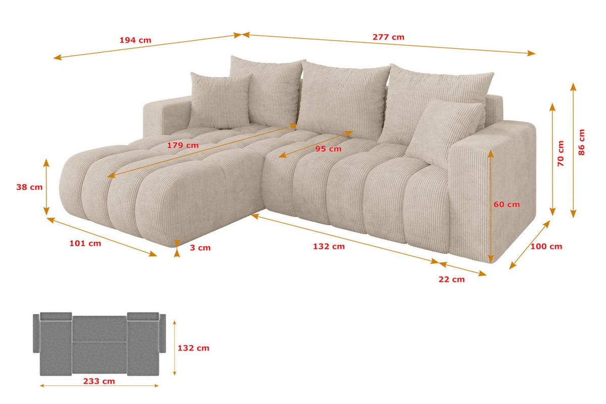 ECKSOFA mit Schlaffunktion Ottomane Links MILA-L-v1 277x195x86 Beige Cord - Beige/Schwarz, Holzwerkstoff/Kunststoff (277/194cm) - ALTDECOR