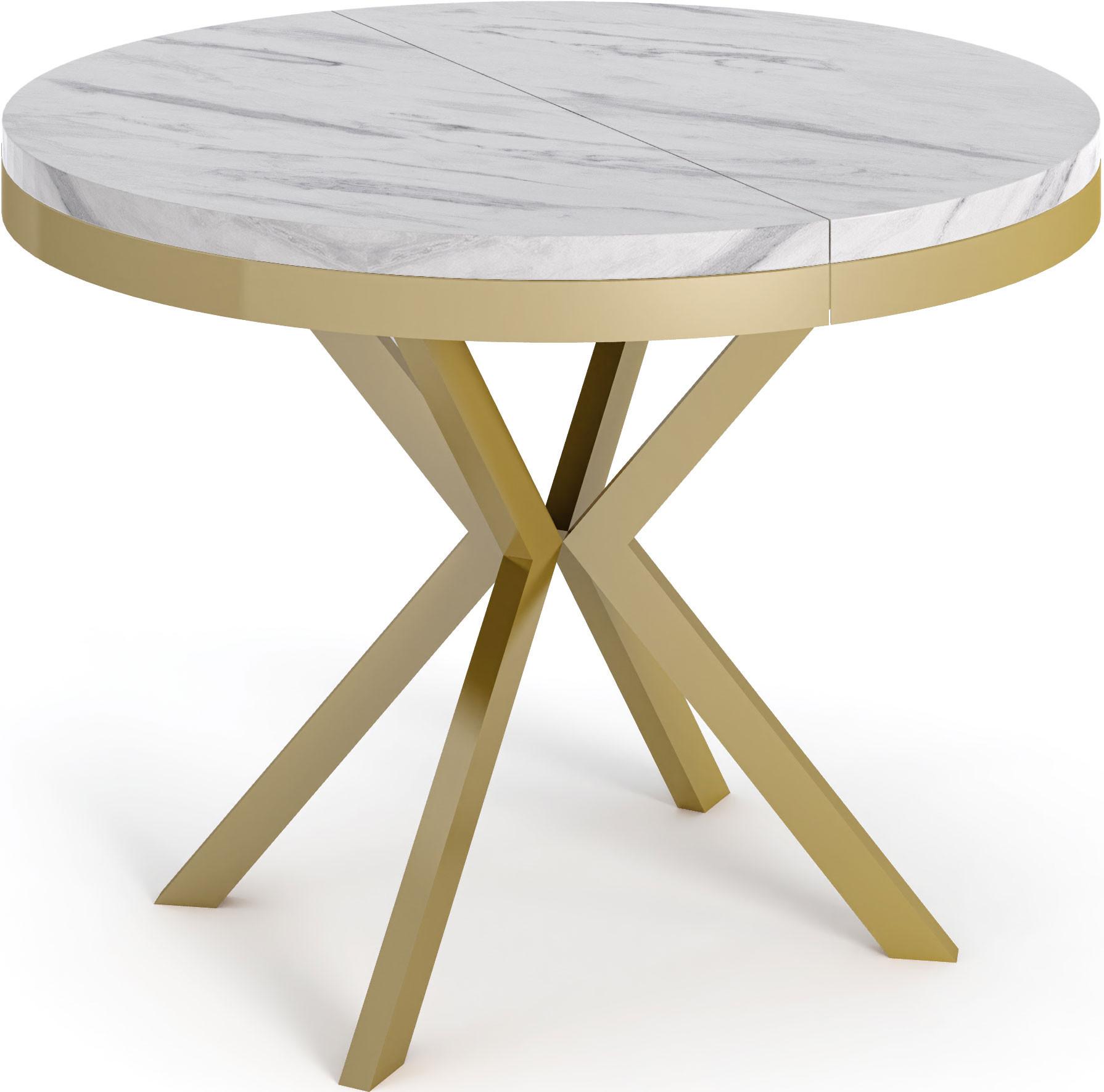 ESSTISCH Dina runder ausziehbarer, Marmor Weiß 120-200/100/76 cm - Ecru/Goldfarben, Holzwerkstoff/Metall (120/200/76cm) - WFL GROUP