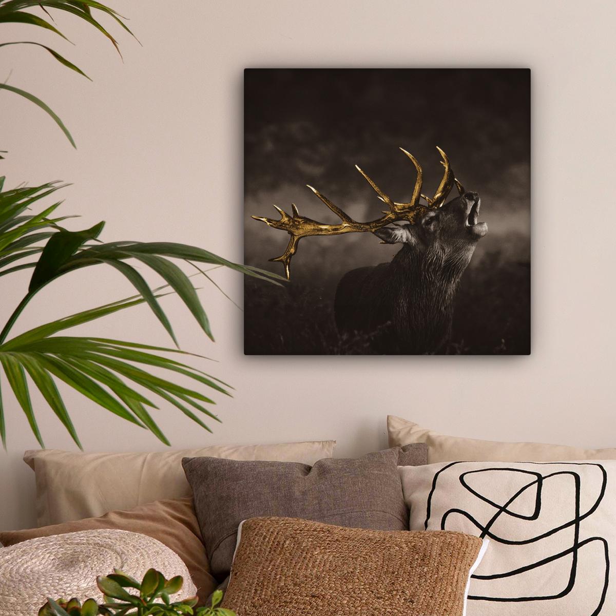 LEINWANDBILD Rotwild - Schwarz - Gold Wandbild Wohnzimmer 50x50 cm - Braun, Textil (50/50cm) - MuchoWow