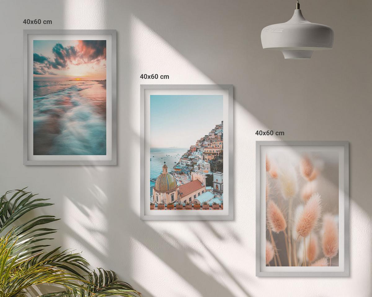 BILDER SET 3er Set - 40x60 cm Silberner Rahmen - Sonnenuntergang am Meer, Häuser, Blumen - Silberfarben, Kunststoff (40/60cm) - TULUP