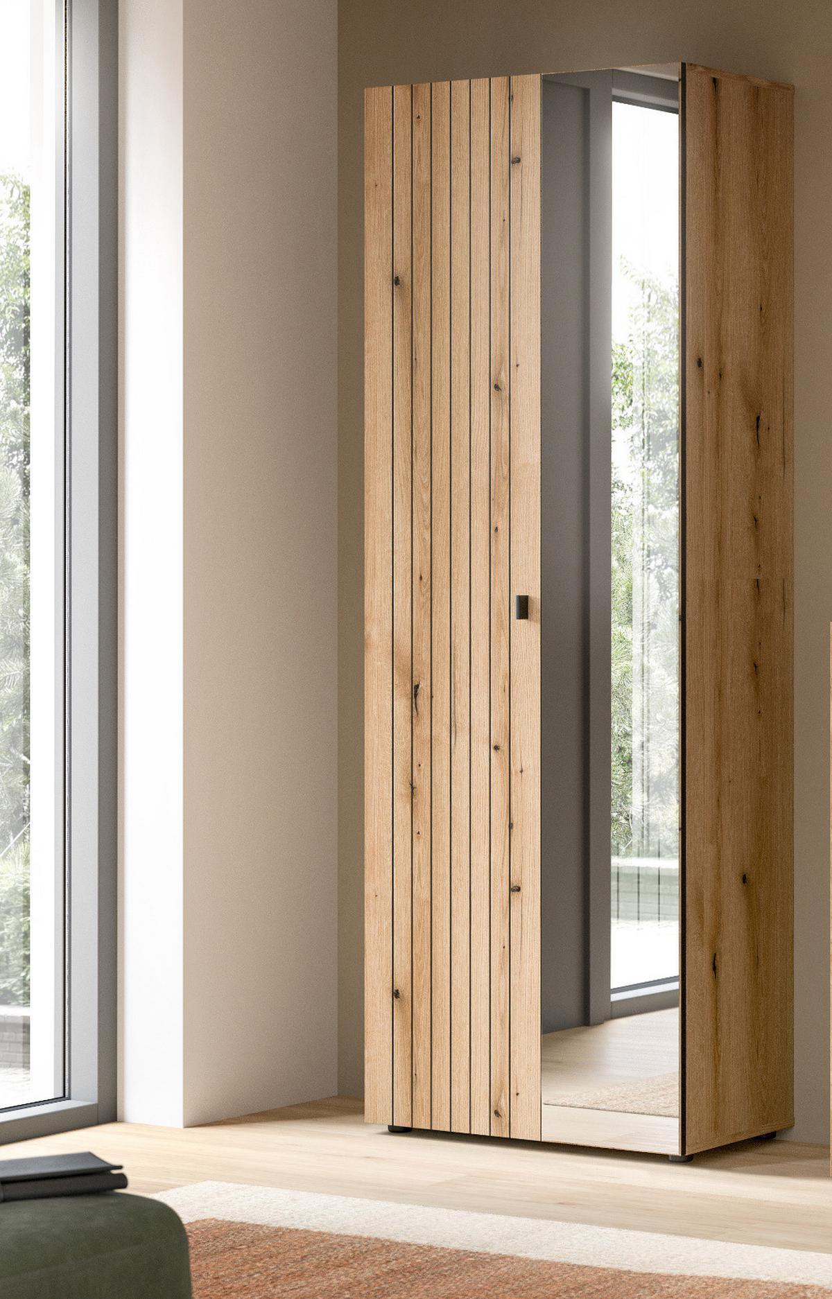 GARDEROBENSCHRANK Evoke Eiche 70 x 192 cm, Garderobe und Schuhschrank mit Spiegel - Schwarz/Eiche Artisan, Glas/Holzwerkstoff (72/192/37cm) - Inn.Furn