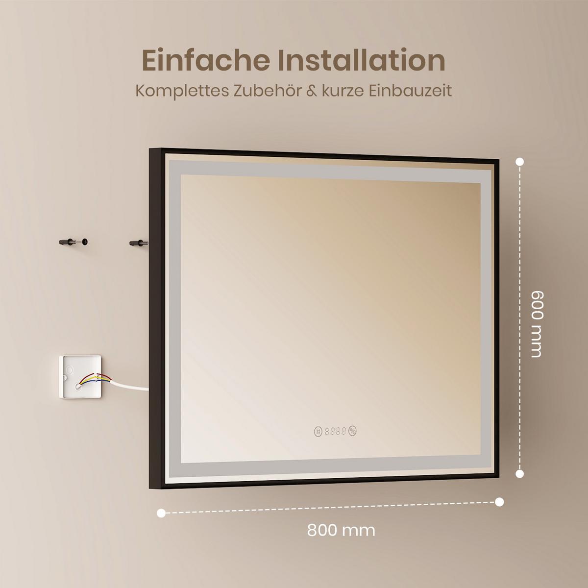 BADSPIEGEL mit Beleuchtung Schwarzer Rahmen 80/60 cm - Schwarz, Glas (80/60/3.5cm) - EMKE