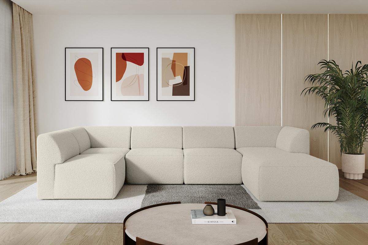 WOHNLANDSCHAFT Ottomane Rechts MOVO-L 345x180x78 cm Beige Bouclé - Hellbraun, Holzwerkstoff/Kunststoff (180/78/345cm) - ALTDECOR