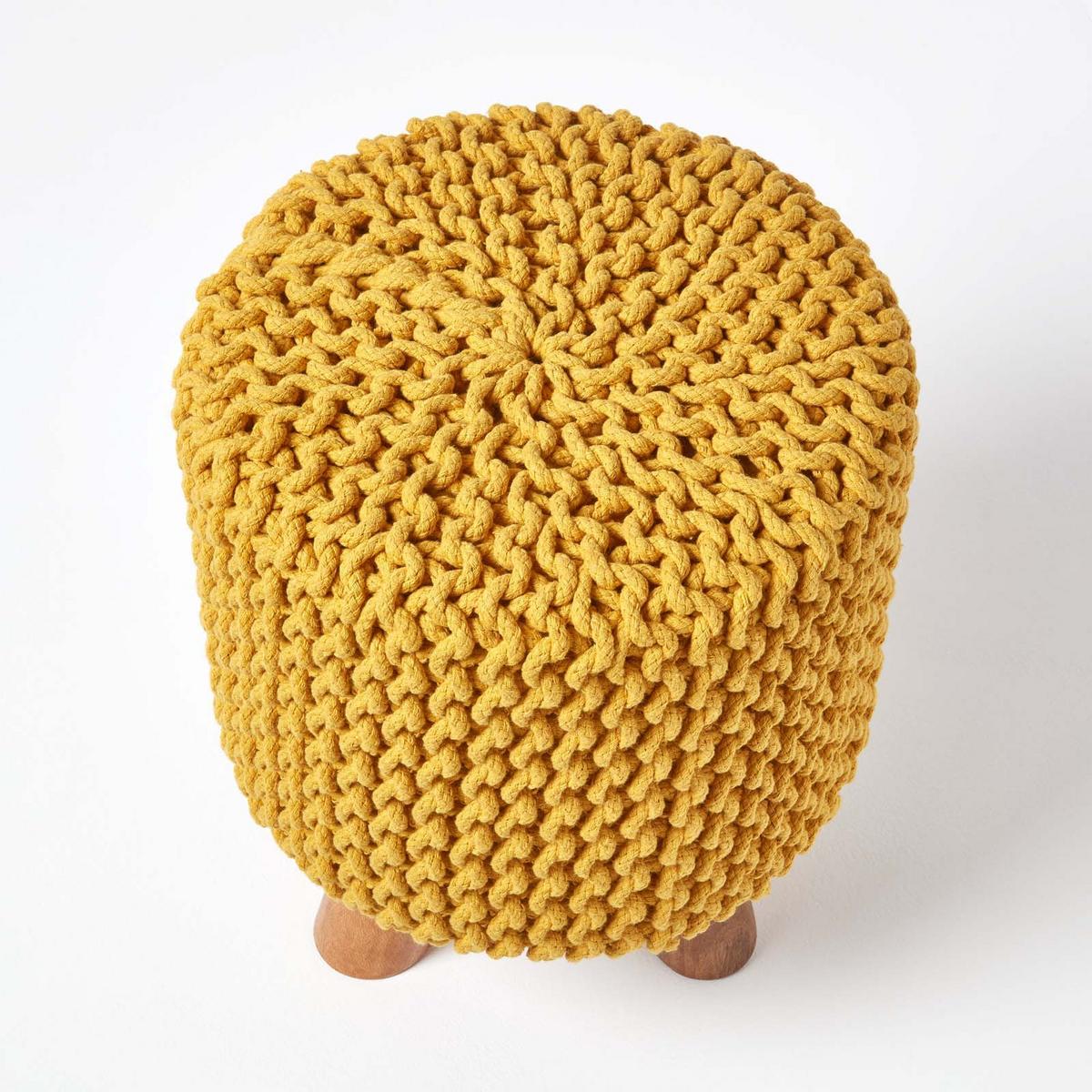 STRICK-HOCKER senfgelb, Dreibein 32/32/42 cm - Currygelb, Textil (32/42/32cm) - Homescapes