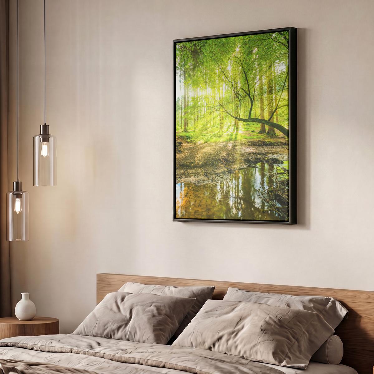 LEINWAND Bilder mit Rahmen - Wald - Landschaft - Wasser - Bäume - Sonne - Grün - Natur - 60x80 - Grün, Textil (60/80cm) - MuchoWow