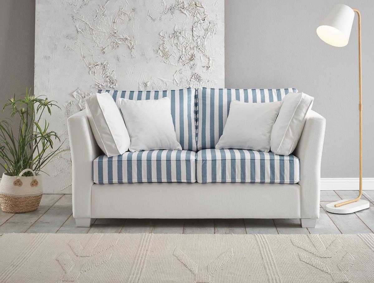 SOFA 2-Sitzer creme blau gestreift, Landhaus 160 cm, Couch inklusive 4 Kissen - Blau/Creme, Holz/Textil (160/88/96cm) - Furn.Design
