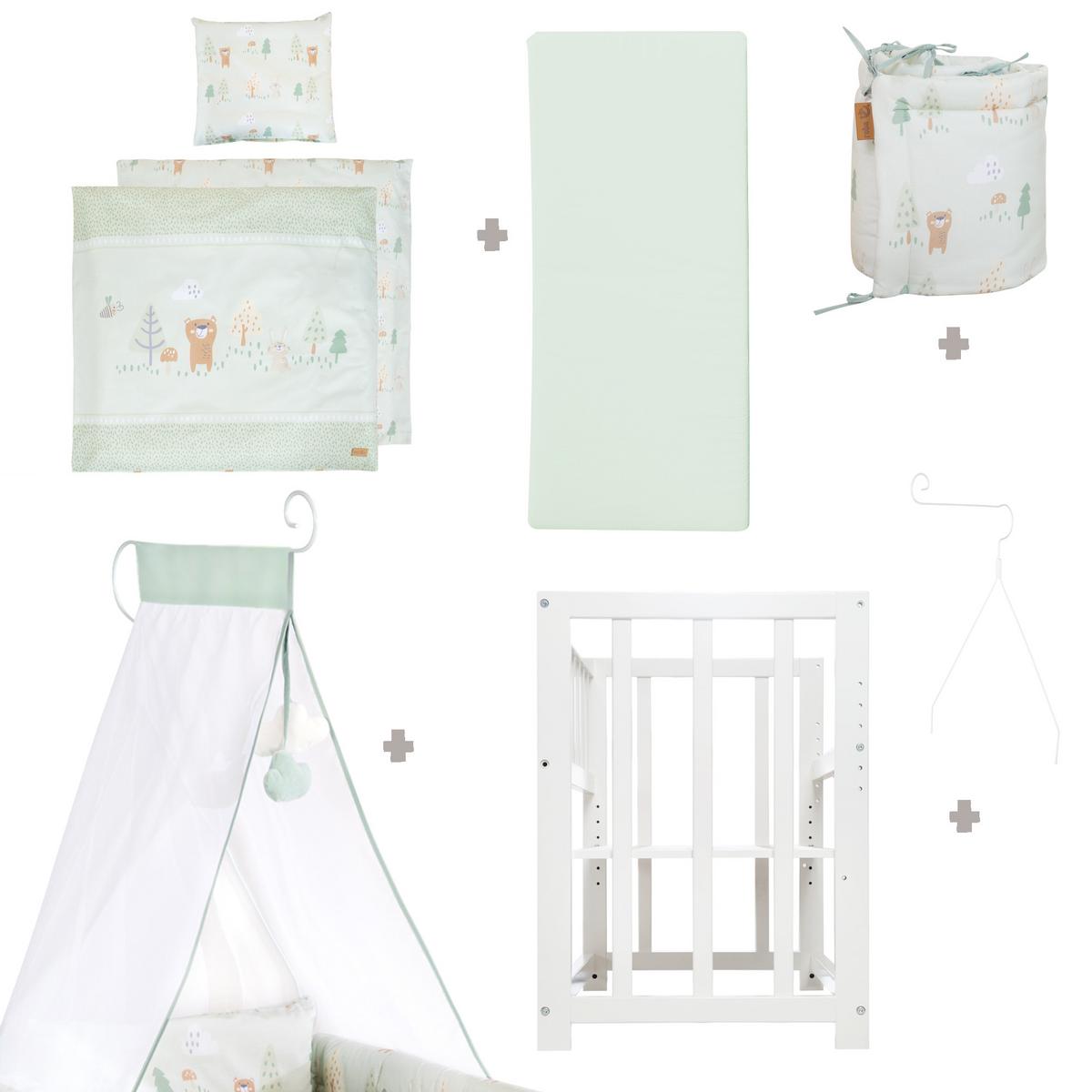 BEISTELLBETT Woodland Buddies 4in1 Set 90 x 45 cm - Weiß/Hellgrün, Holzwerkstoff/Textil (45/90cm) - Roba