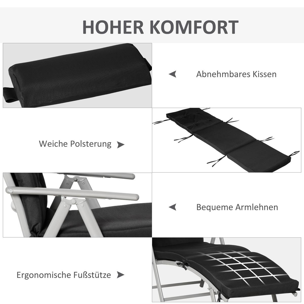 SONNENLIEGE, klappbar mit Kissen, Metall+Stoff, Schwarz, 137 x 63,5 x 100,5 cm - Multicolor, Metall (63.5/100.5/137cm) - Outsunny